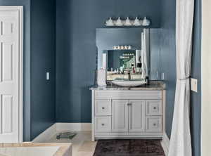 Bathroom featuring tile patterned flooring and vanity