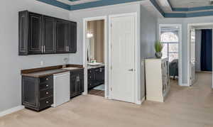 Kitchen featuring a raised ceiling, dishwasher, sink, and light carpet