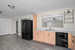 Kitchen featuring ceiling fan, sink, light hardwood / wood-style floors, light brown cabinetry, and black appliances