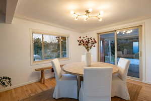 Dining space featuring wood-type flooring and ornamental molding