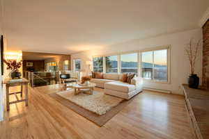 Living room with a mountain view, ornamental molding, a baseboard heating unit, and light wood-type flooring