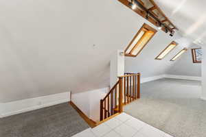 Stairs featuring carpet floors, track lighting, and vaulted ceiling with skylight