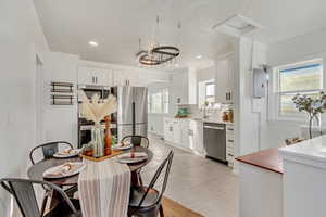 Kitchen featuring plenty of natural light, white cabinets, stainless steel appliances, and sink