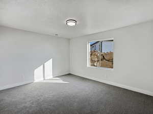 Unfurnished room featuring carpet and a textured ceiling