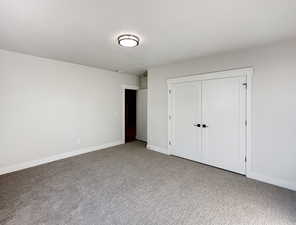 Unfurnished bedroom featuring carpet and a closet