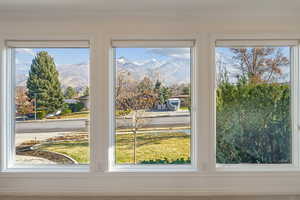 Interior details featuring a mountain view and ornamental molding