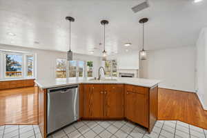 Kitchen featuring light wood-type flooring, decorative light fixtures, stainless steel dishwasher, and sink