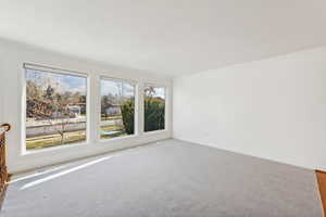 Unfurnished room featuring carpet flooring and crown molding