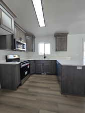 Kitchen featuring dark hardwood / wood-style flooring, dark brown cabinetry, sink, and appliances with stainless steel finishes