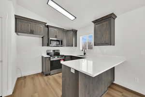 Kitchen featuring appliances with stainless steel finishes, lofted ceiling, sink, kitchen peninsula, and light hardwood / wood-style flooring