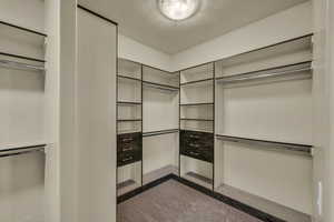 Walk in closet featuring dark carpet