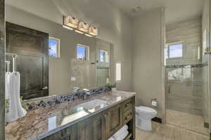 Bathroom featuring vanity, toilet, and walk in shower