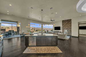 Kitchen with light stone countertops, stainless steel dishwasher, plenty of natural light, and ceiling fan