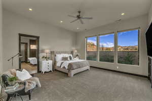 Bedroom featuring ceiling fan and light colored carpet