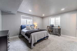 Carpeted bedroom featuring a textured ceiling and multiple windows