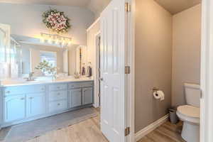 Bathroom with hardwood / wood-style floors, vanity, toilet, and lofted ceiling