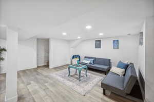 Living room featuring light wood-type flooring and electric panel