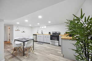 Kitchen with wood counters, sink, light wood-type flooring, white cabinetry, and stainless steel appliances