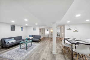 Living room featuring electric panel and light hardwood / wood-style flooring