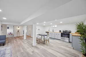 Kitchen with wood counters, sink, appliances with stainless steel finishes, light hardwood / wood-style floors, and white cabinetry