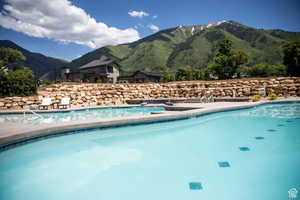 View of pool featuring a mountain view