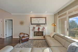 Living room featuring a fireplace, hardwood / wood-style flooring, crown molding, and a healthy amount of sunlight