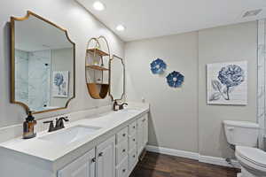 Bathroom featuring wood-type flooring, vanity, and toilet