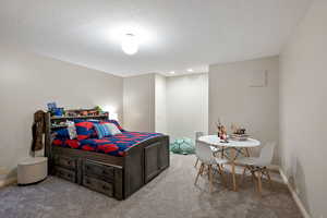 Carpeted bedroom with a textured ceiling