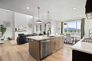 Kitchen featuring pendant lighting, a mountain view, a kitchen island with sink, sink, and stainless steel appliances