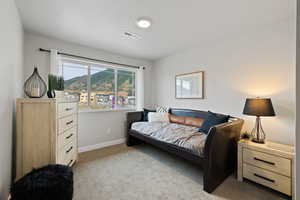 Carpeted bedroom with a mountain view and a textured ceiling