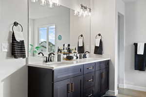 Bathroom with hardwood / wood-style floors and vanity