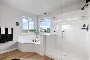 Bathroom featuring wood-type flooring and shower with separate bathtub