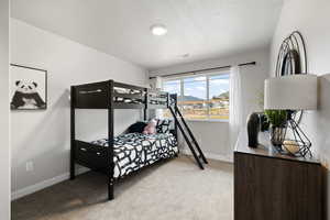 Carpeted bedroom with a textured ceiling