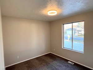 Empty room with carpet and a textured ceiling