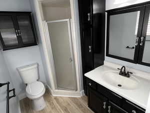 Bathroom with a shower with door, vanity, wood-type flooring, and toilet