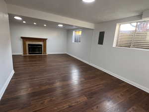 Basement with a textured ceiling, dark hardwood / wood-style flooring, and a fireplace