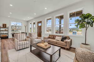 Living room with a mountain view, a healthy amount of sunlight, and light wood-type flooring