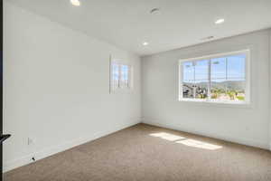 Carpeted spare room with a mountain view and a textured ceiling