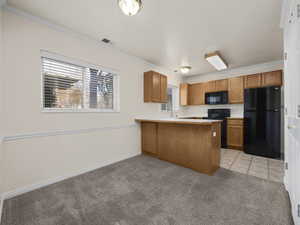 Kitchen with kitchen peninsula, light colored carpet, ornamental molding, and black appliances