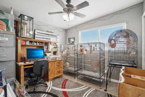 Carpeted office space with ceiling fan