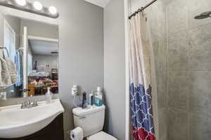 Bathroom with a shower with curtain, toilet, and vanity