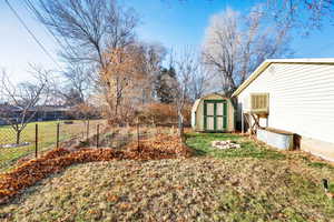 View of yard featuring a shed