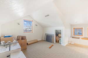 Additional living space featuring light carpet and vaulted ceiling