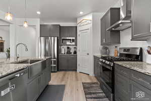 Kitchen with backsplash, wall chimney range hood, light hardwood / wood-style flooring, gray cabinets, and stainless steel appliances