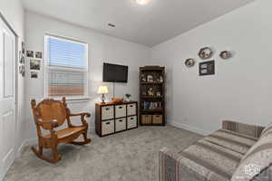 Sitting room featuring light colored carpet