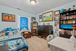 Carpeted bedroom with a textured ceiling