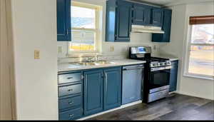 Kitchen with blue cabinetry, sink, and appliances with stainless steel finishes