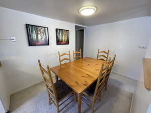 Dining area with carpet flooring