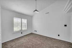 Unfurnished room with carpet flooring, a textured ceiling, and lofted ceiling