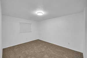 Carpeted spare room with a textured ceiling